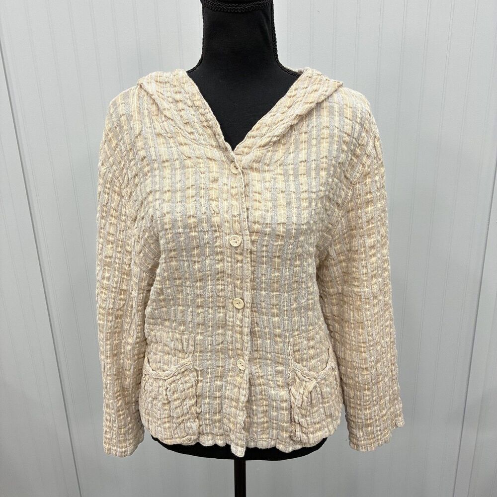Cannisse Womens Small Beige Seersucker Linen Blend Hooded Jacket Lagenlook Artsy
